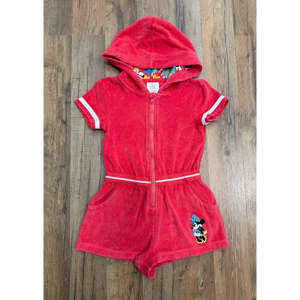 Disney Minnie Mouse Terry Romper Hooded Red Girls 5/6 Zip Up Cute